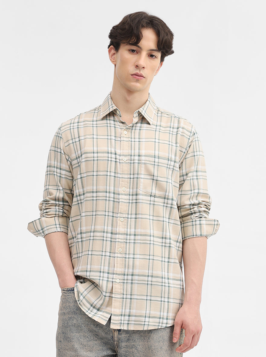 Beige Checked Slim Fit Casual Shirt | JadeBlue