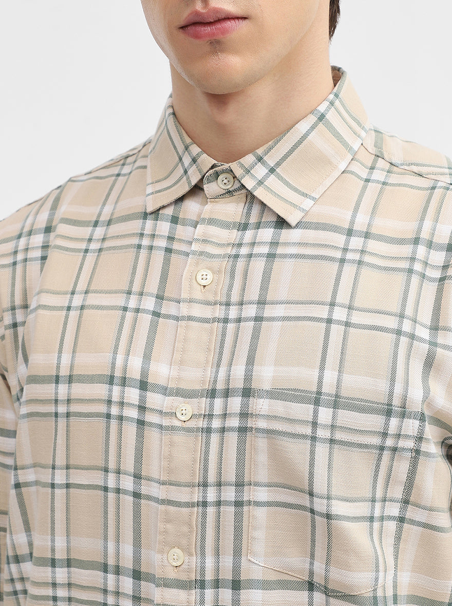 Beige Checked Slim Fit Casual Shirt | JadeBlue