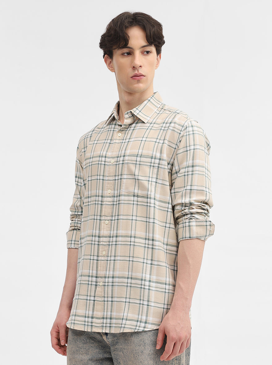 Beige Checked Slim Fit Casual Shirt | JadeBlue