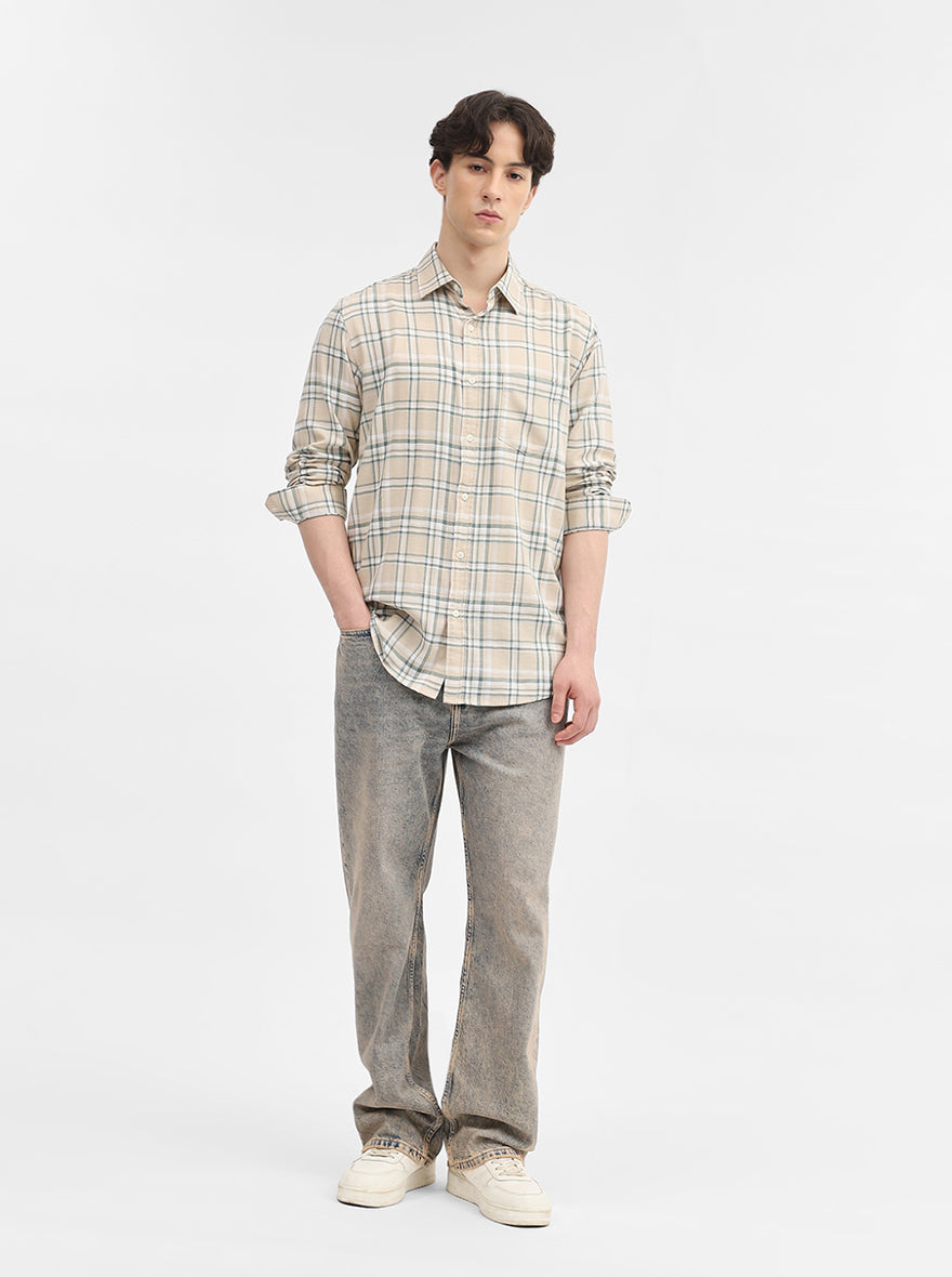 Beige Checked Slim Fit Casual Shirt | JadeBlue