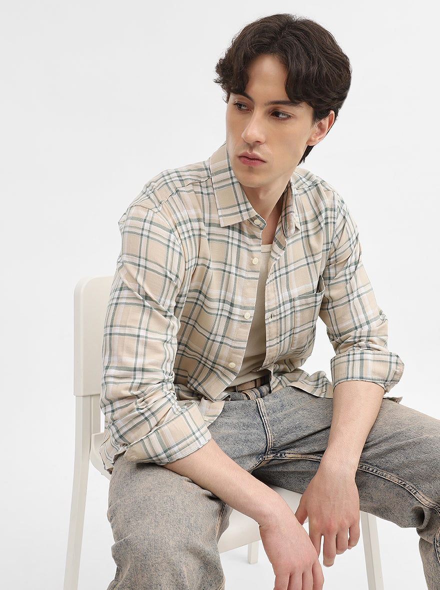 Beige Checked Slim Fit Casual Shirt | JadeBlue