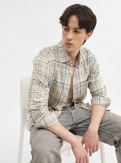 Beige Checked Slim Fit Casual Shirt | JadeBlue