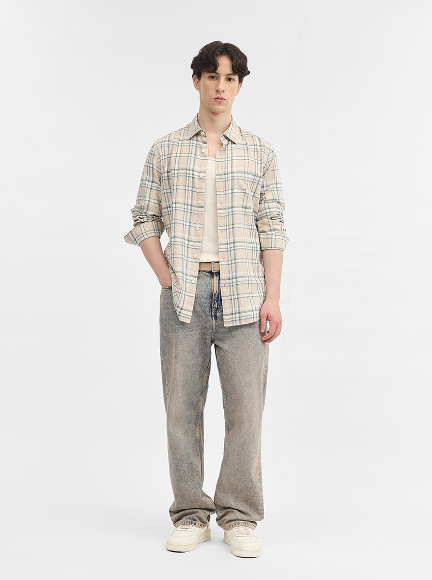Beige Checked Slim Fit Casual Shirt | JadeBlue