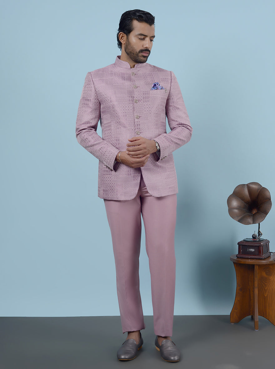 JadeBlue Onion Pink Jacquard Self Design Jodhpuri Suit Regular Fit