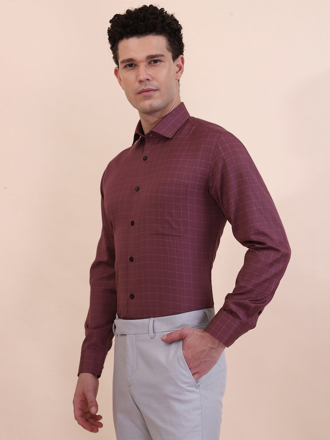 Carrot Red Checked Slim Fit Formal Shirt | Greenfibre