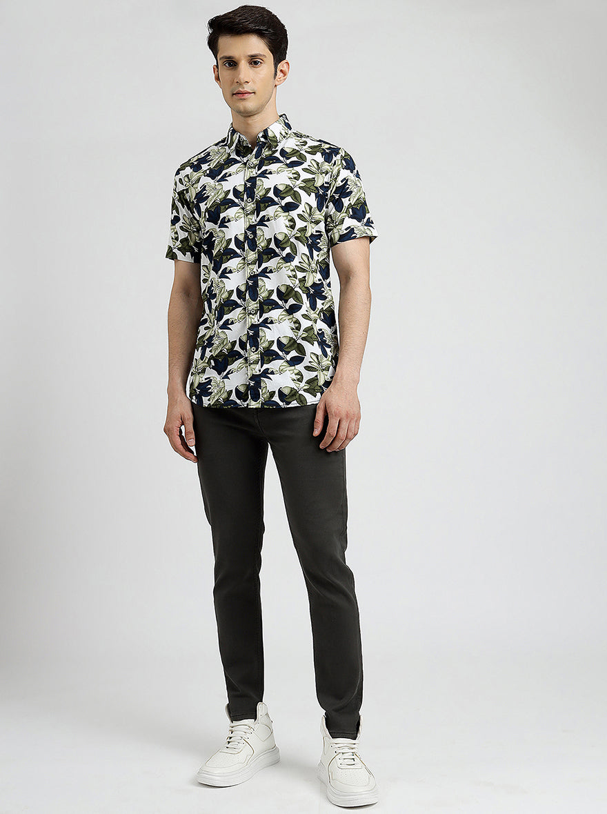 Green Printed Slim Fit Casual Shirt | JadeBlue