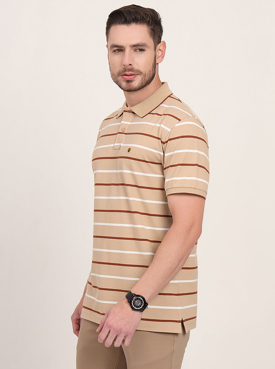 Brown Striped Slim Fit Polo T-Shirt | JadeBlue