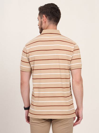 Brown Striped Slim Fit Polo T-Shirt | JadeBlue