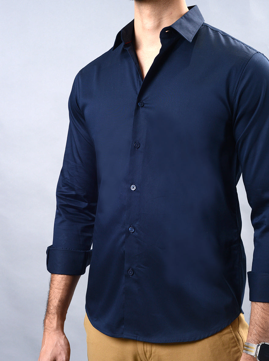 Navy Blue Solid Slim Fit Casual Shirt | Greenfibre