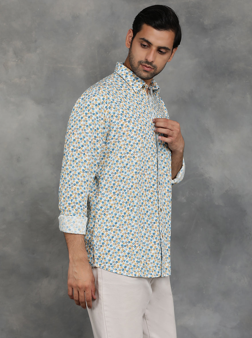 Blue & Yellow Printed Slim Fit Casual Shirt | JadeBlue