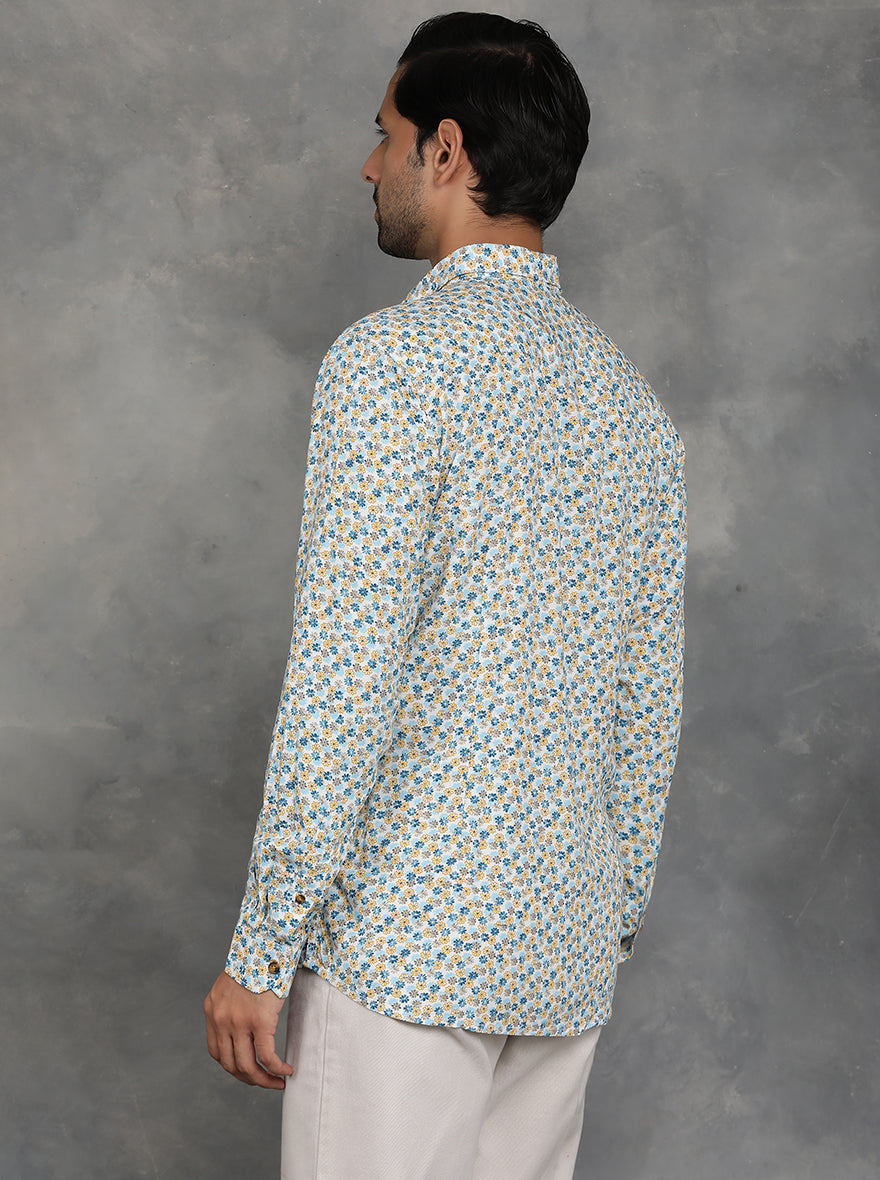Blue & Yellow Printed Slim Fit Casual Shirt | JadeBlue