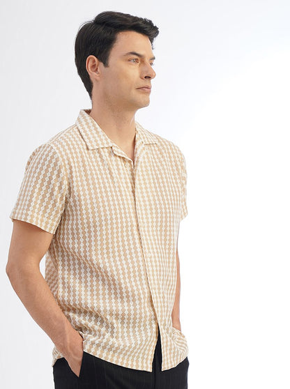 Cream Striped Slim Fit Casual Shirt | JadeBlue