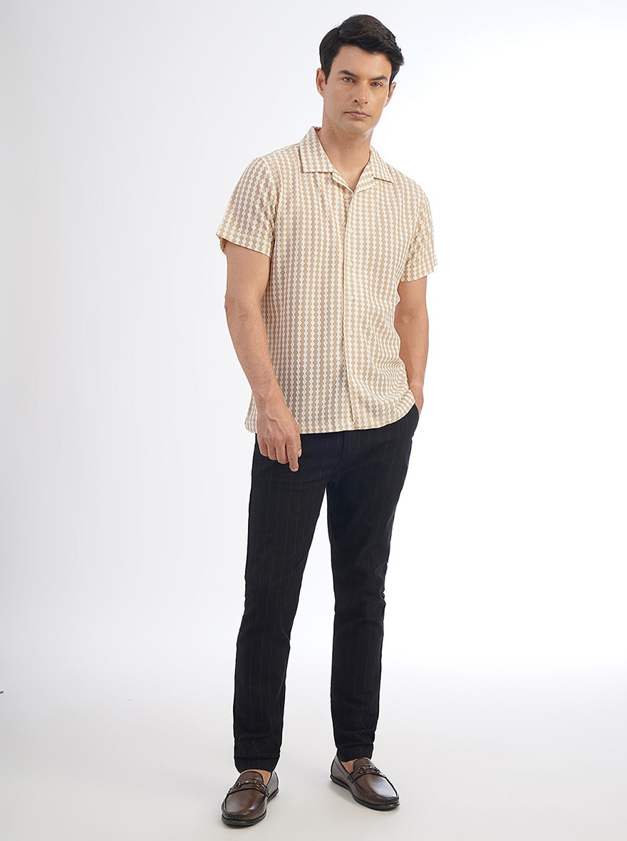 Cream Striped Slim Fit Casual Shirt | JadeBlue