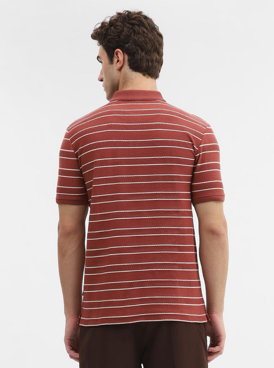 Rust & White Striped Slim Fit Polo T-Shirt | Greenfibre