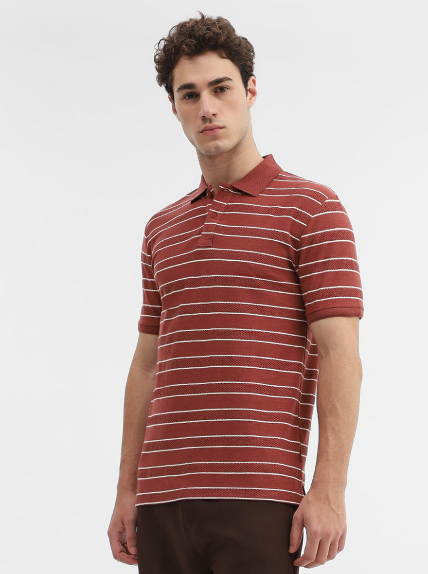 Rust & White Striped Slim Fit Polo T-Shirt | Greenfibre
