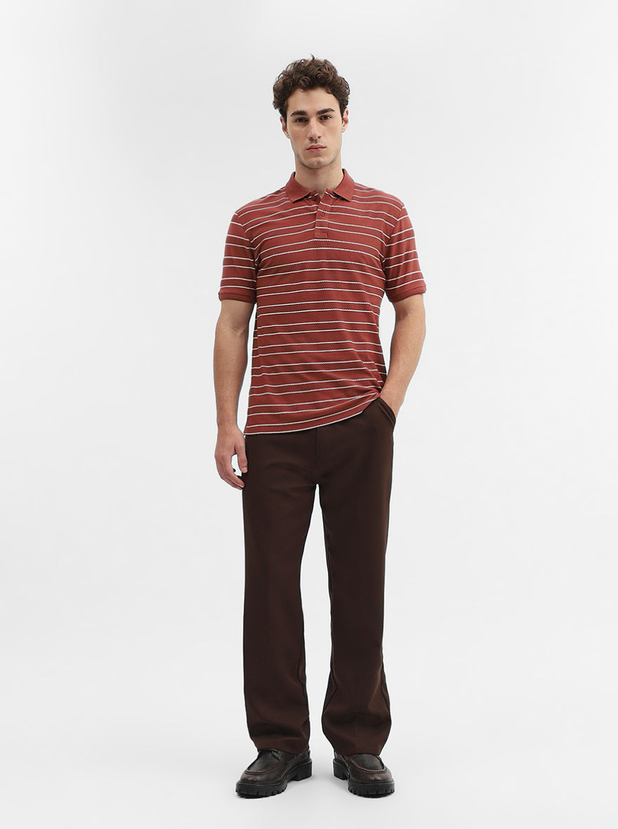 Rust & White Striped Slim Fit Polo T-Shirt | Greenfibre