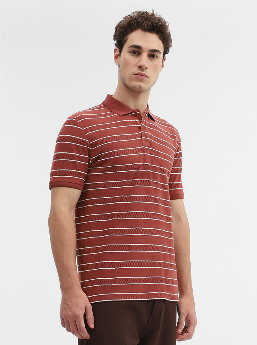 Rust & White Striped Slim Fit Polo T-Shirt | Greenfibre