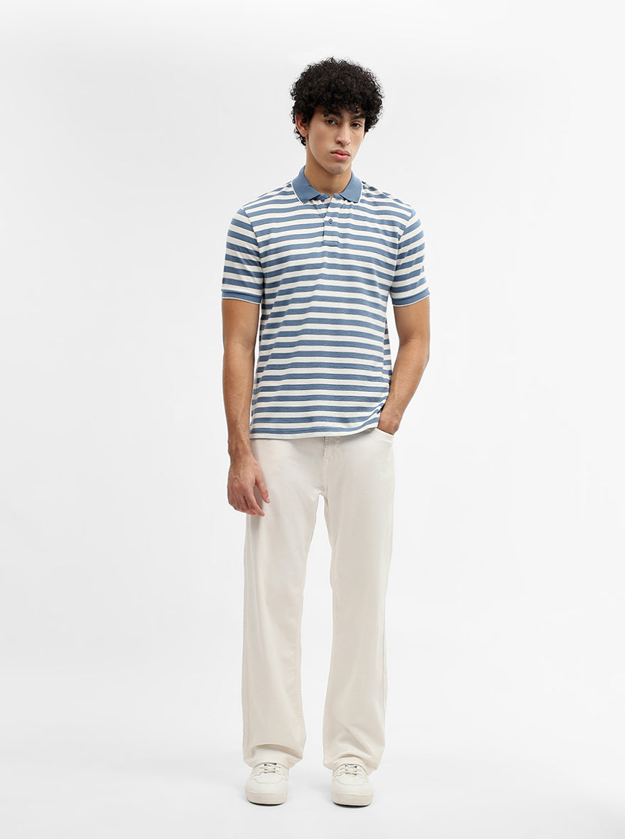 Sky Blue & White Striped Slim Fit Polo T-Shirt | Greenfibre