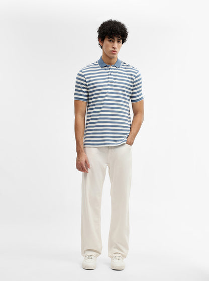 Sky Blue & White Striped Slim Fit Polo T-Shirt | Greenfibre