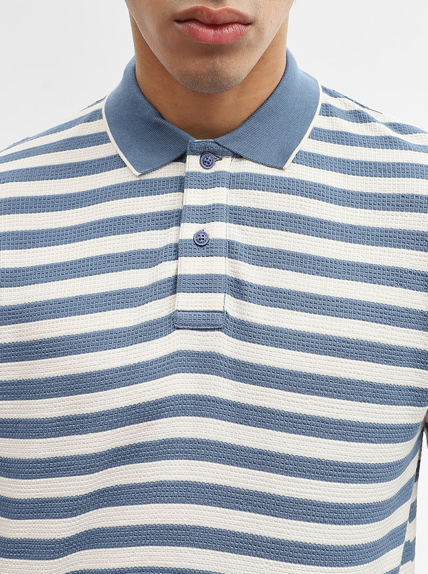 Sky Blue & White Striped Slim Fit Polo T-Shirt | Greenfibre