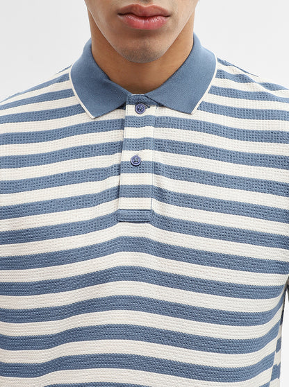 Sky Blue & White Striped Slim Fit Polo T-Shirt | Greenfibre
