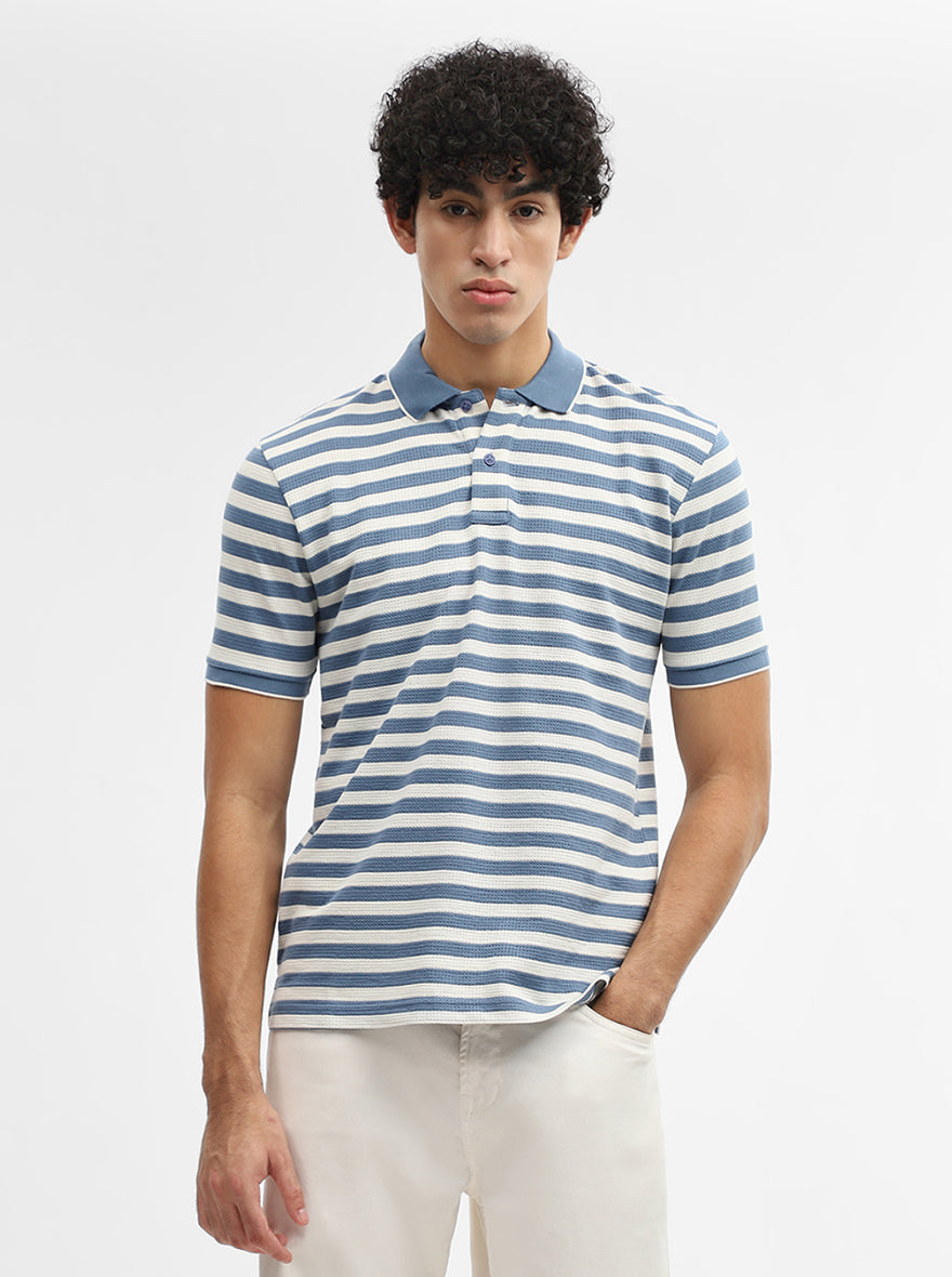 Sky Blue & White Striped Slim Fit Polo T-Shirt | Greenfibre