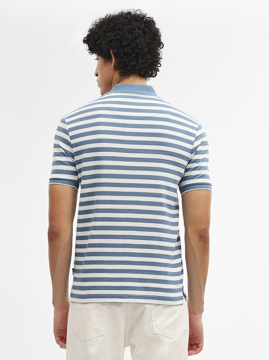 Sky Blue & White Striped Slim Fit Polo T-Shirt | Greenfibre