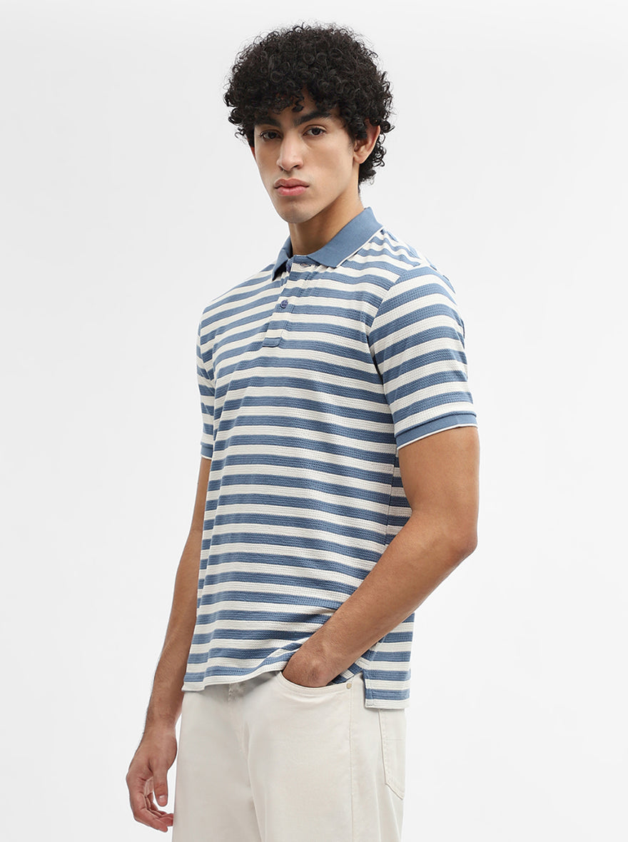 Sky Blue & White Striped Slim Fit Polo T-Shirt | Greenfibre