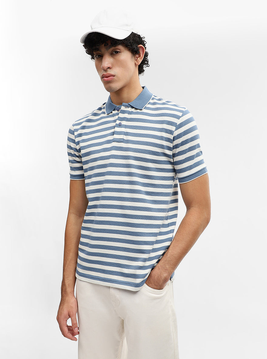 Sky Blue & White Striped Slim Fit Polo T-Shirt | Greenfibre