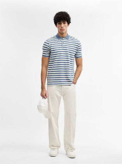Sky Blue & White Striped Slim Fit Polo T-Shirt | Greenfibre