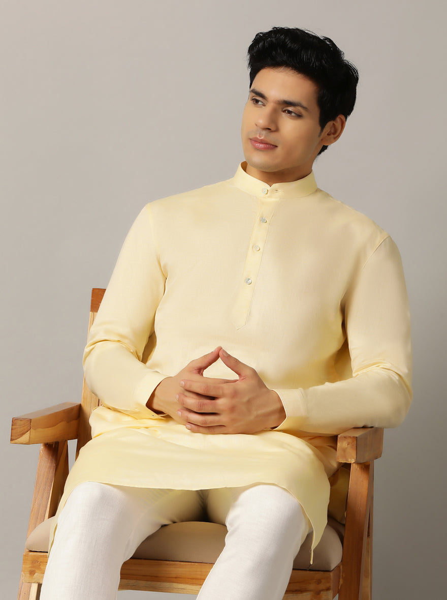 Light Yellow Solid Regular Fit Modi Kurta | JadeBlue