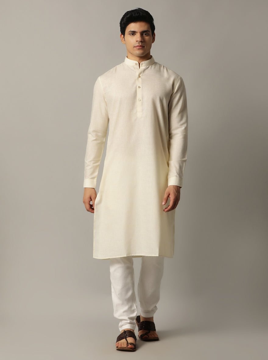Cream Solid Regular Fit Modi Kurta | JadeBlue