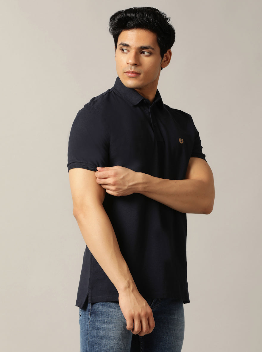 Navy Blue Solid Slim Fit Polo T-Shirt | JadeBlue