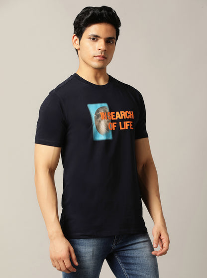 Navy Blue Printed Slim Fit T-Shirt | JadeBlue