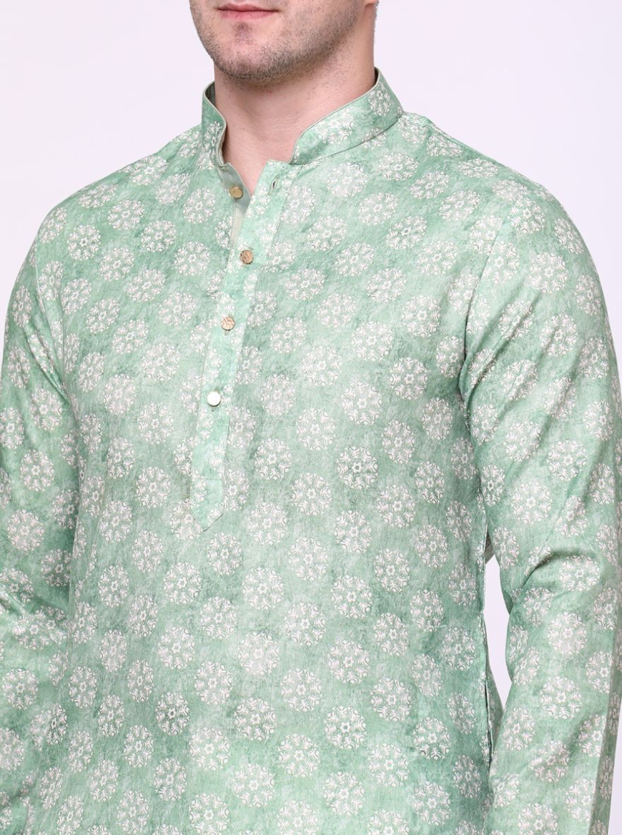 Leaf Green Printed Cotton Silk Blend Kurta | The Kurta Company