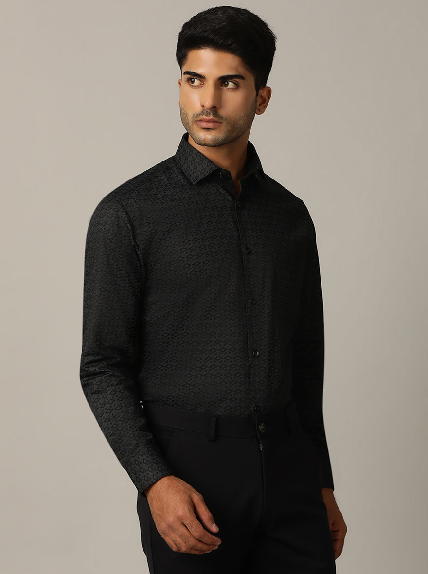 Navy Blue Printed Slim Fit Formal Shirt | Metal