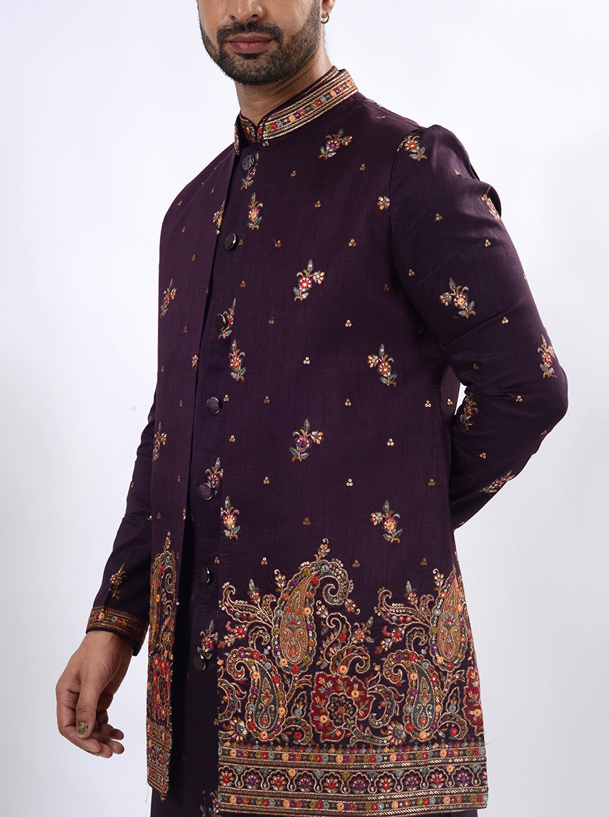 Dark Purple Kurta Set with Koti | Azania