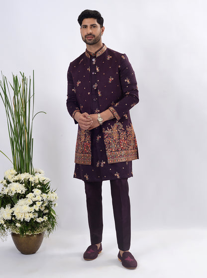 Dark Purple Kurta Set with Koti | Azania