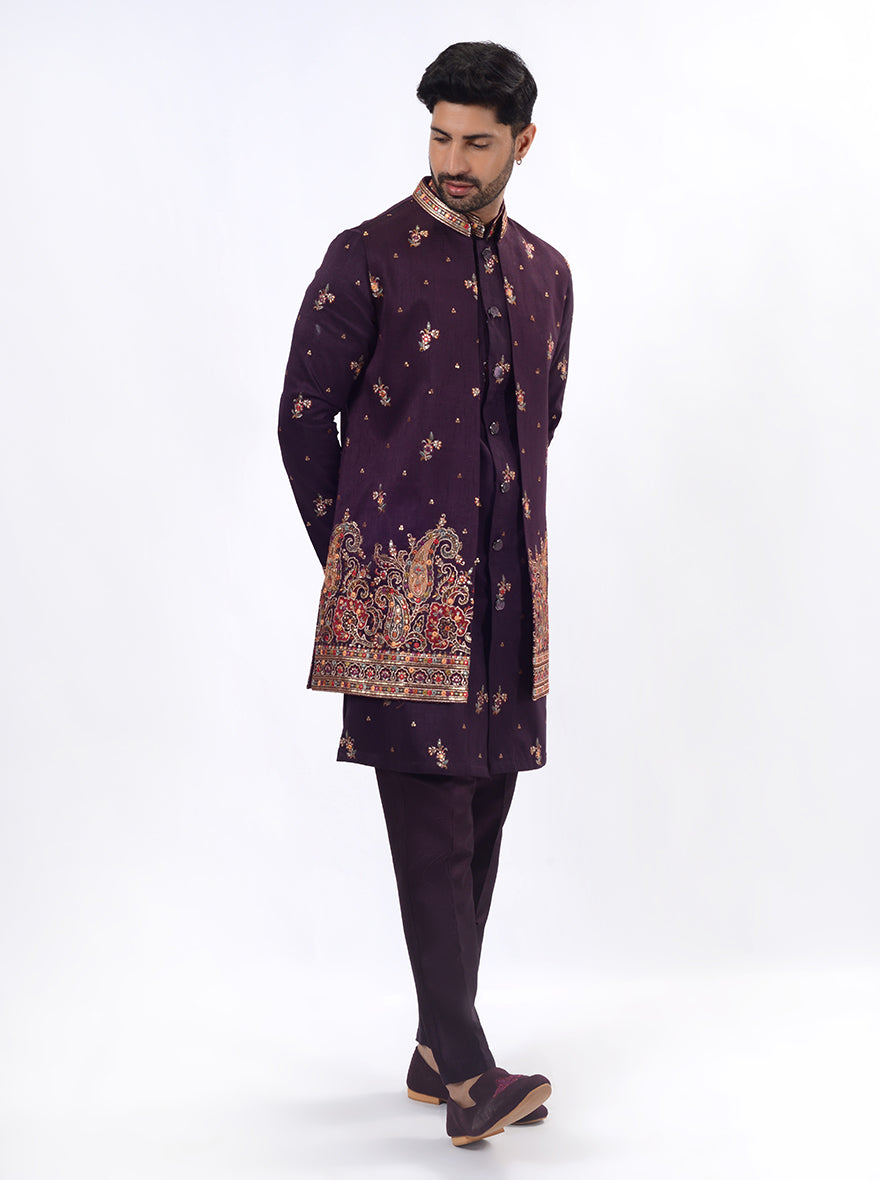 Dark Purple Kurta Set with Koti | Azania