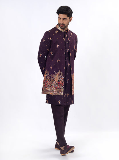 Dark Purple Kurta Set with Koti | Azania