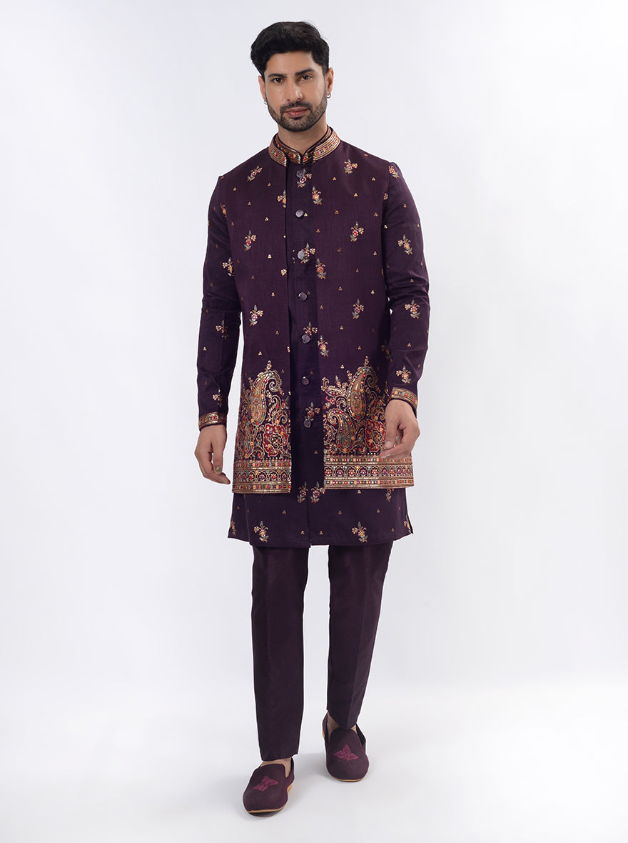 Dark Purple Kurta Set with Koti | Azania