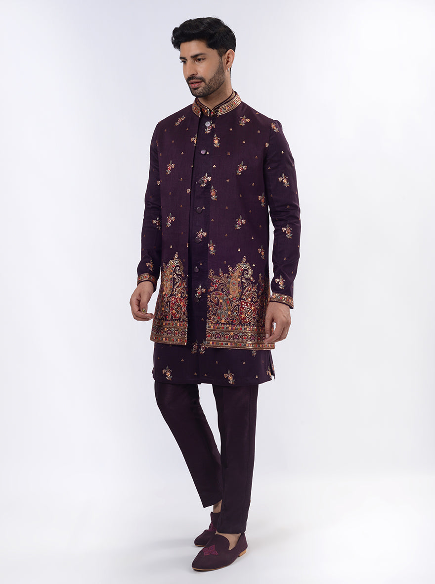 Dark Purple Kurta Set with Koti | Azania