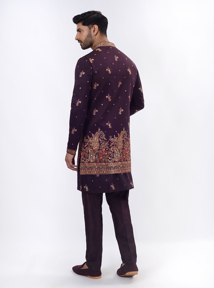 Dark Purple Kurta Set with Koti | Azania