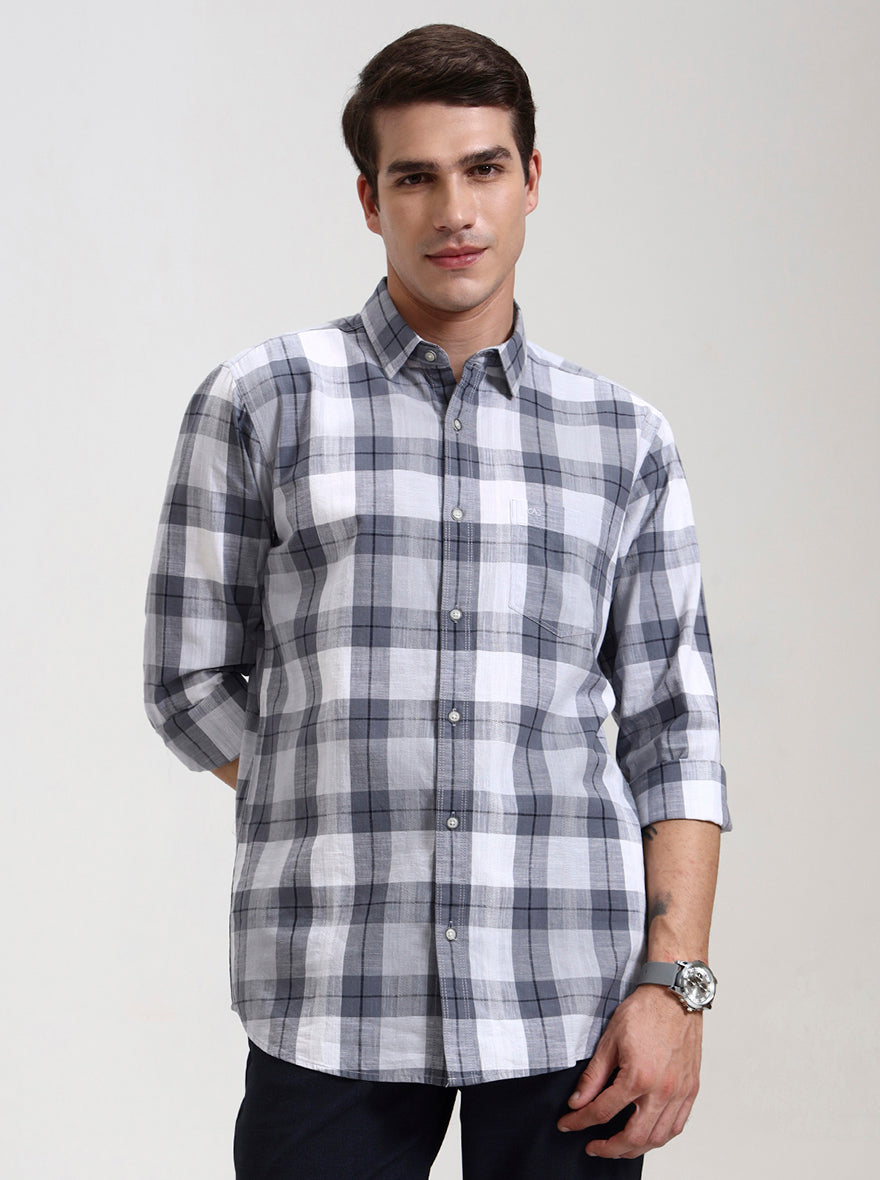 Grey & White Checked Slim Fit Casual Shirt | JadeBlue