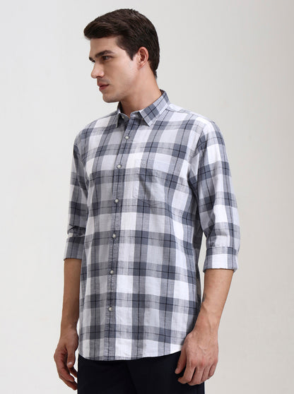 Grey & White Checked Slim Fit Casual Shirt | JadeBlue