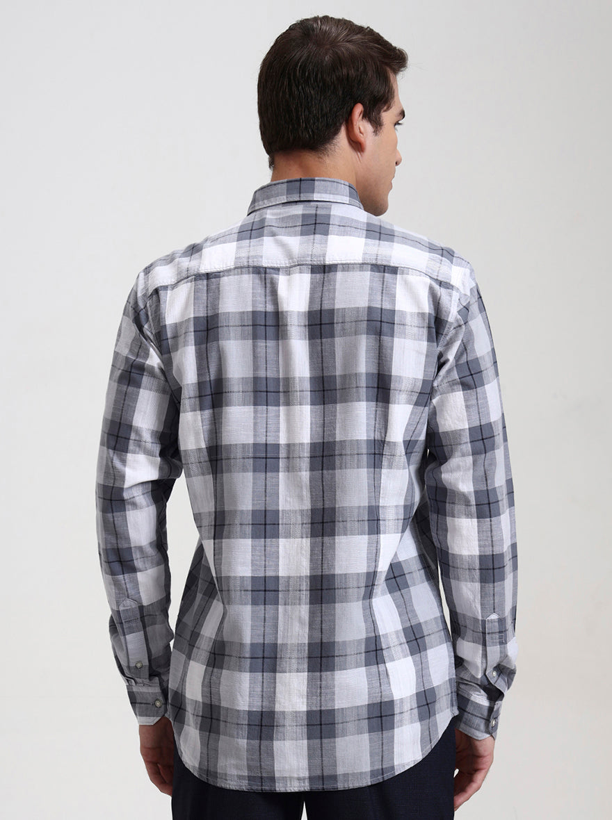 Grey & White Checked Slim Fit Casual Shirt | JadeBlue