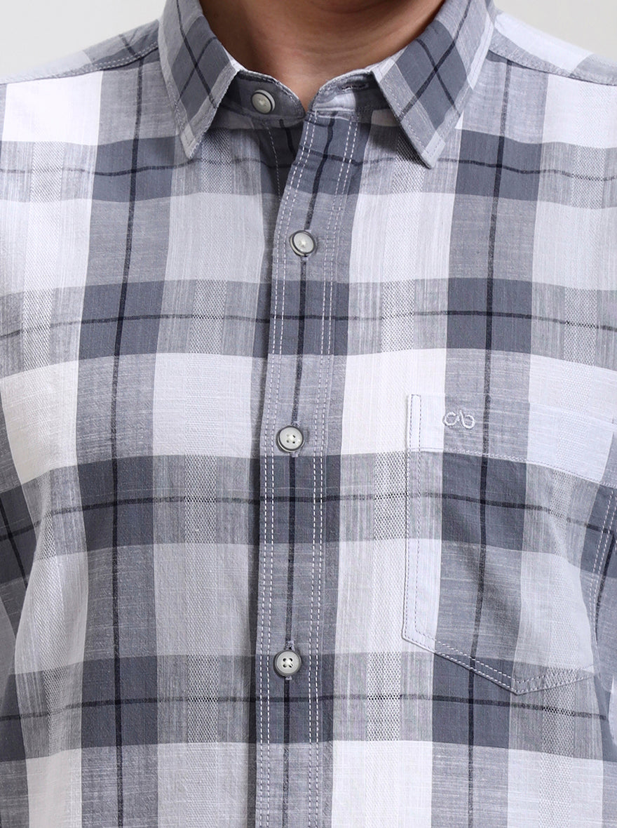 Grey & White Checked Slim Fit Casual Shirt | JadeBlue