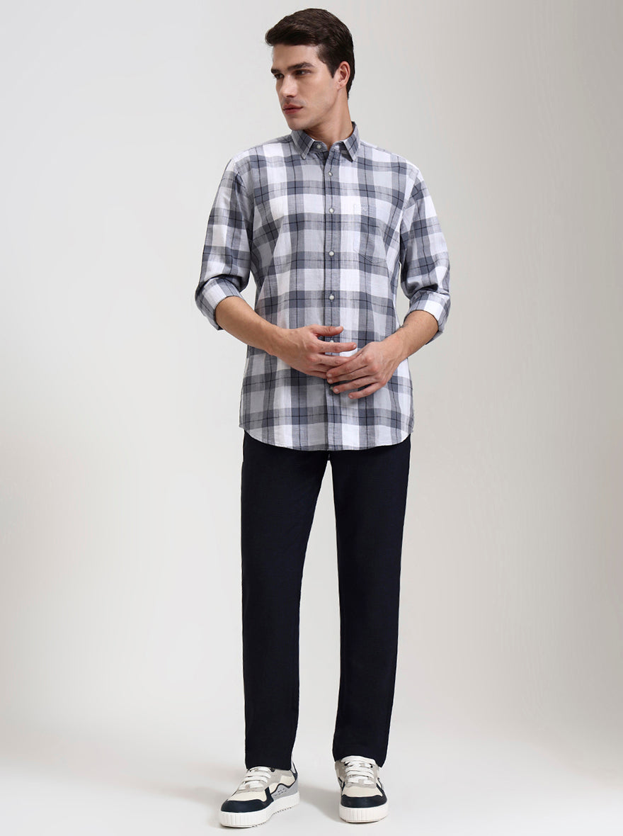 Grey & White Checked Slim Fit Casual Shirt | JadeBlue