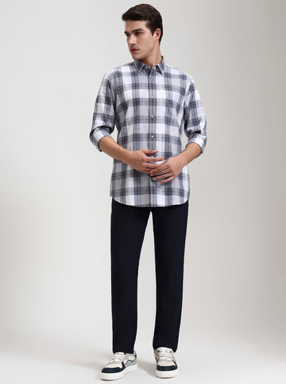 Grey & White Checked Slim Fit Casual Shirt | JadeBlue