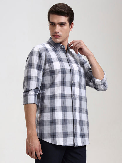 Grey & White Checked Slim Fit Casual Shirt | JadeBlue